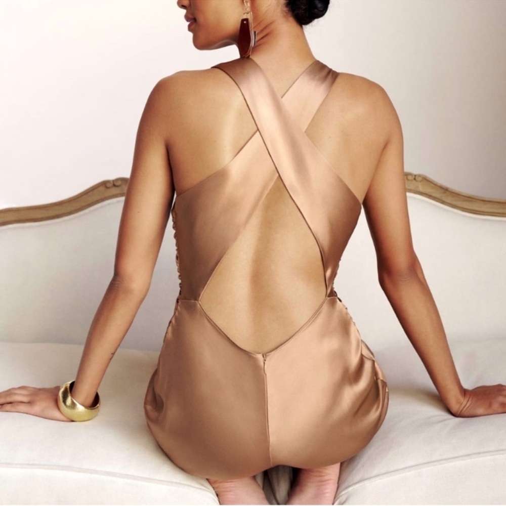 Reformation Casette Silk Dress Croissant Brown Midi Open Back Size 12 NEW w/ tag - Picture 2 of 3